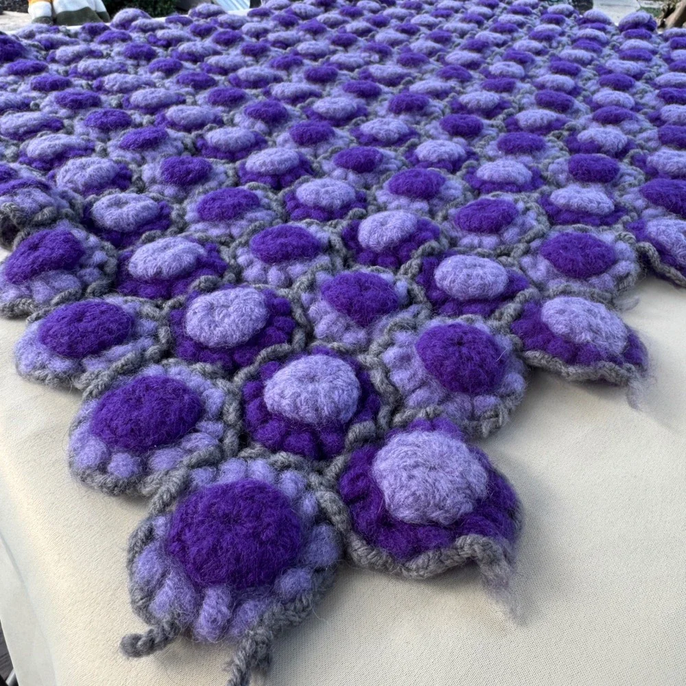 Handmade Crochet Wool 3D Puff Flower Lap Blanket Purple Lavender Throw 26x33